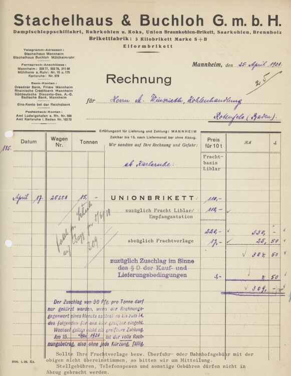 Firma M. Winzrieth (Kaufhaus)an Stachelhaus & Buchloh GmbH- Rechnung - 25.04.1928