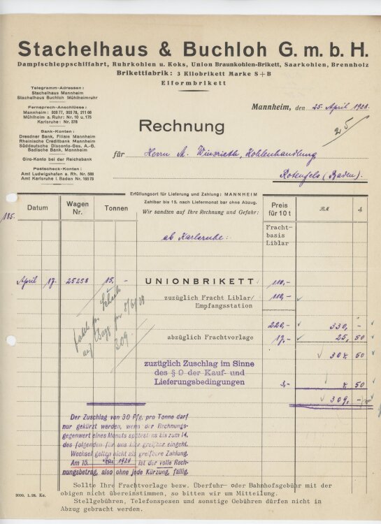 Firma M. Winzrieth (Kaufhaus)an Stachelhaus & Buchloh GmbH- Rechnung - 25.04.1928