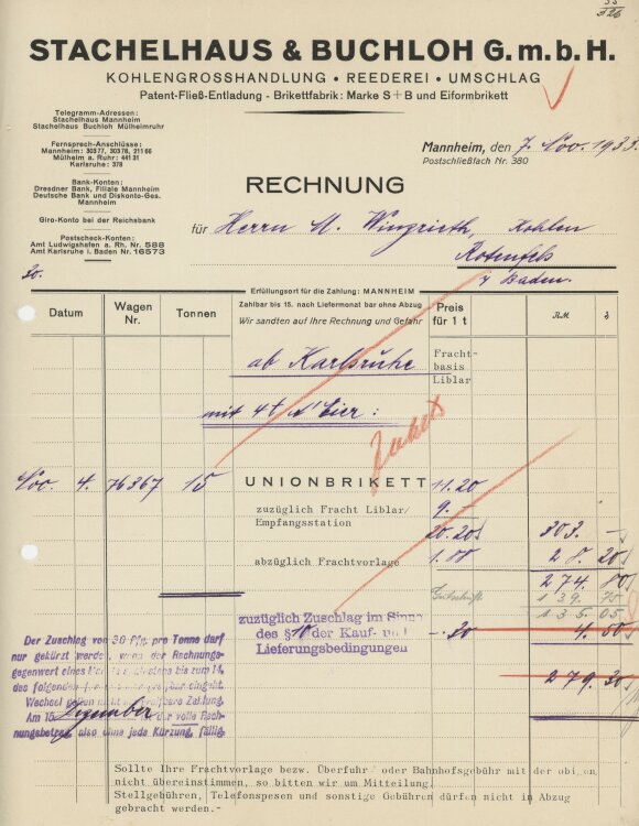 Firma M. Winzrieth (Kaufhaus)an Stachelhaus & Buchloh GmbH- Rechnung - 07.11.1933