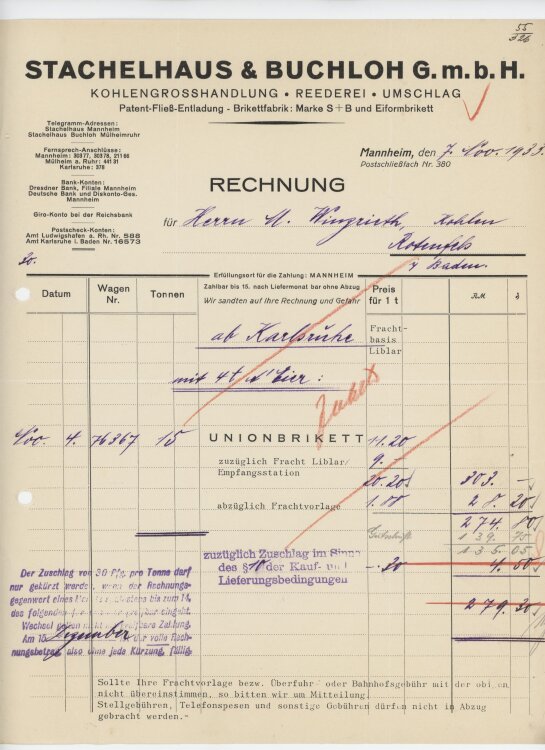 Firma M. Winzrieth (Kaufhaus)an Stachelhaus & Buchloh GmbH- Rechnung - 07.11.1933