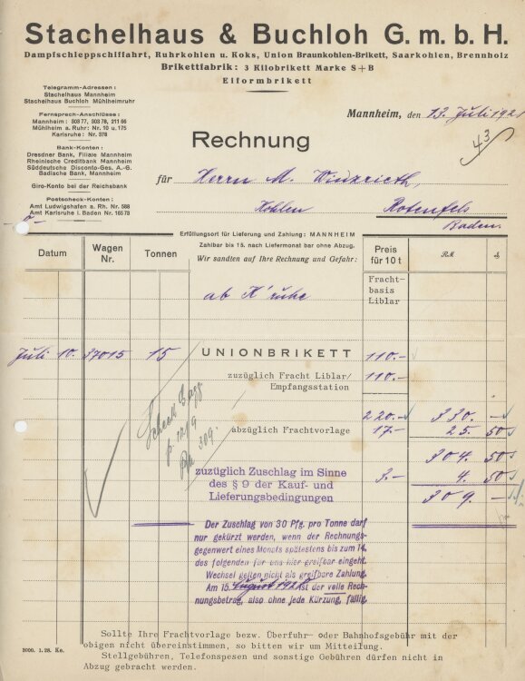 Firma M. Winzrieth (Kaufhaus)an Stachelhaus & Buchloh GmbH- Rechnung - 13.07.1928