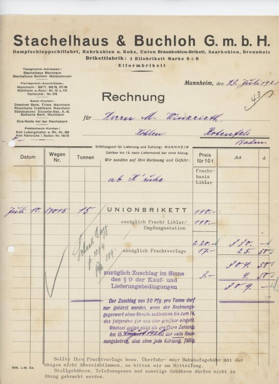 Firma M. Winzrieth (Kaufhaus)an Stachelhaus & Buchloh GmbH- Rechnung - 13.07.1928