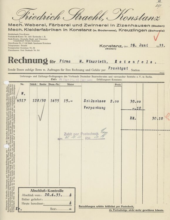 Firma M. Winzrieth (Kaufhaus)an Friedrich Straehl- Rechnung - 25.06.1933