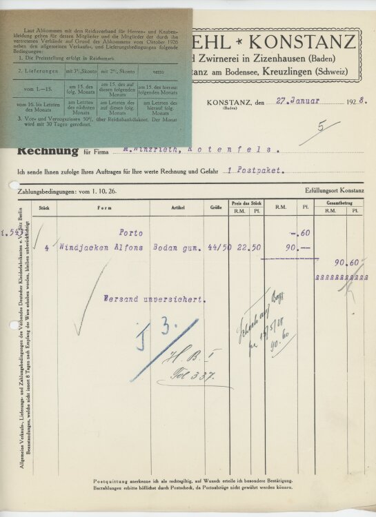 Firma M. Winzrieth (Kaufhaus)an Friedrich Straehl- Rechnung - 27.01.1928