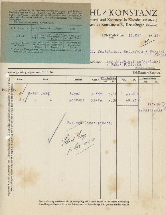 Firma M. Winzrieth (Kaufhaus)an Friedrich Straehl- Rechnung - 18.05.1928