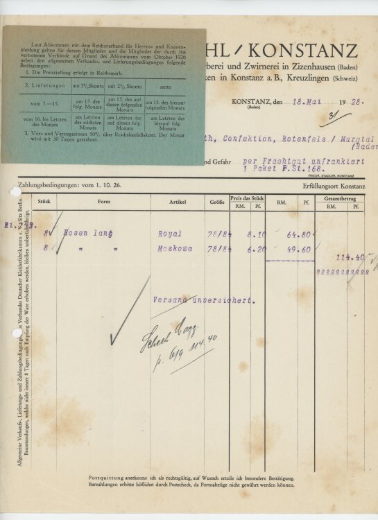 Firma M. Winzrieth (Kaufhaus)an Friedrich Straehl- Rechnung - 18.05.1928