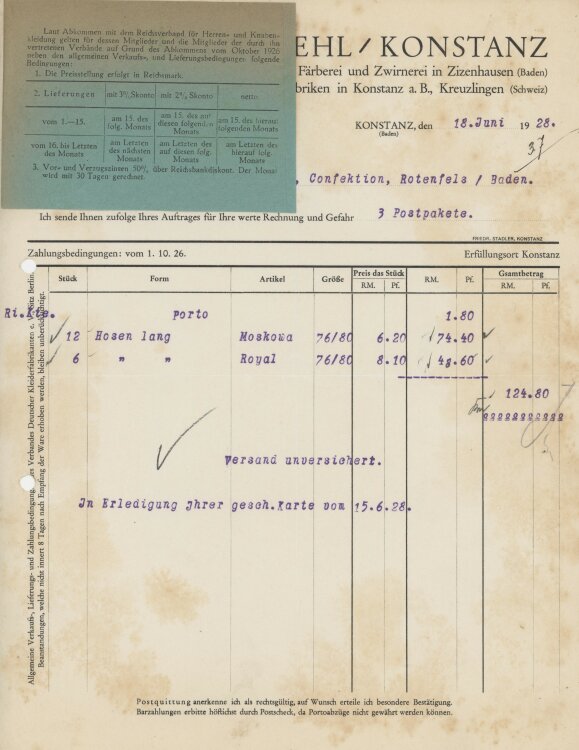 Firma M. Winzrieth (Kaufhaus)an Friedrich Straehl- Rechnung - 18.06.1928