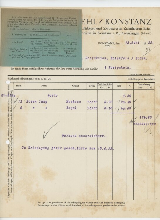 Firma M. Winzrieth (Kaufhaus)an Friedrich Straehl- Rechnung - 18.06.1928