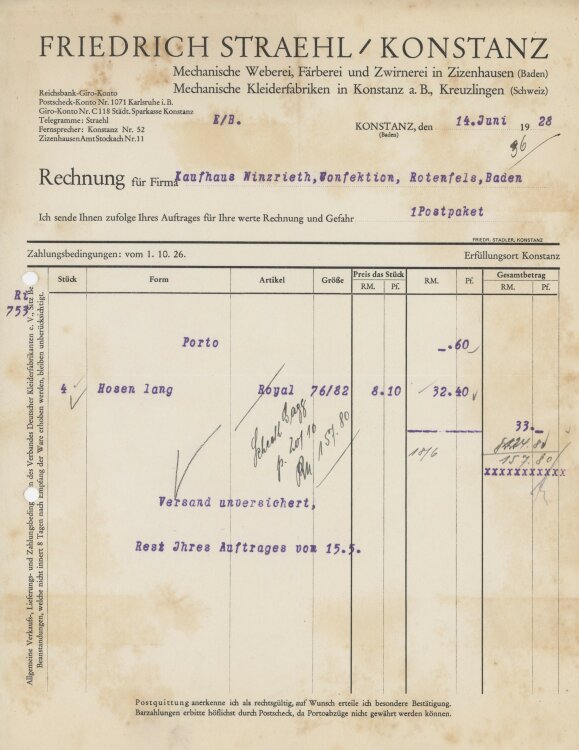 Firma M. Winzrieth (Kaufhaus)an Friedrich Straehl- Rechnung - 14.06.1928