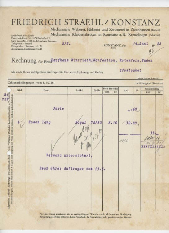 Firma M. Winzrieth (Kaufhaus)an Friedrich Straehl- Rechnung - 14.06.1928