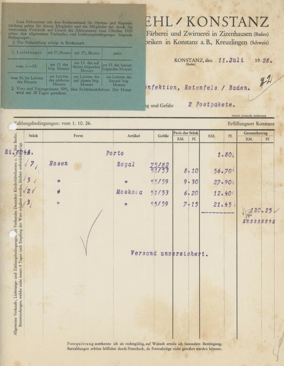 Firma M. Winzrieth (Kaufhaus)an Friedrich Straehl- Rechnung - 11.07.1928