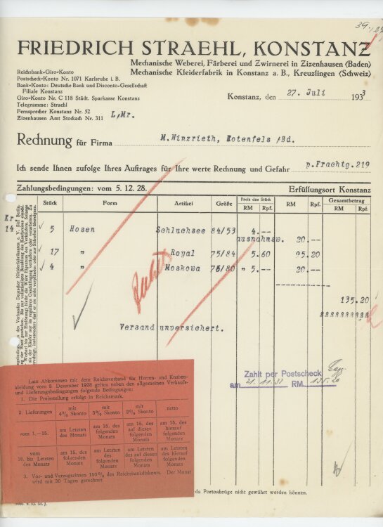 Firma M. Winzrieth (Kaufhaus)an Friedrich Straehl- Rechnung - 27.07.1933