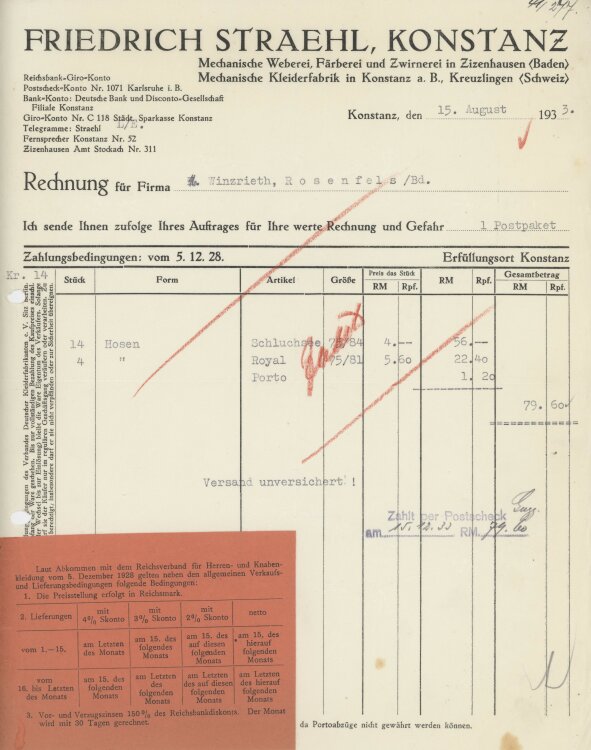 Firma M. Winzrieth (Kaufhaus)an Friedrich Straehl- Rechnung - 15.08.1933