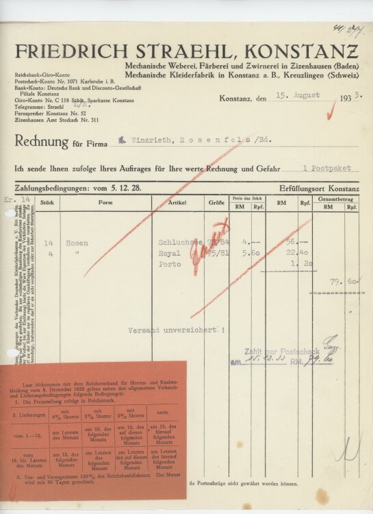 Firma M. Winzrieth (Kaufhaus)an Friedrich Straehl- Rechnung - 15.08.1933