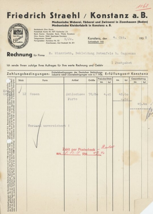 Firma M. Winzrieth (Kaufhaus)an Friedrich Straehl- Rechnung - 04.10.1938