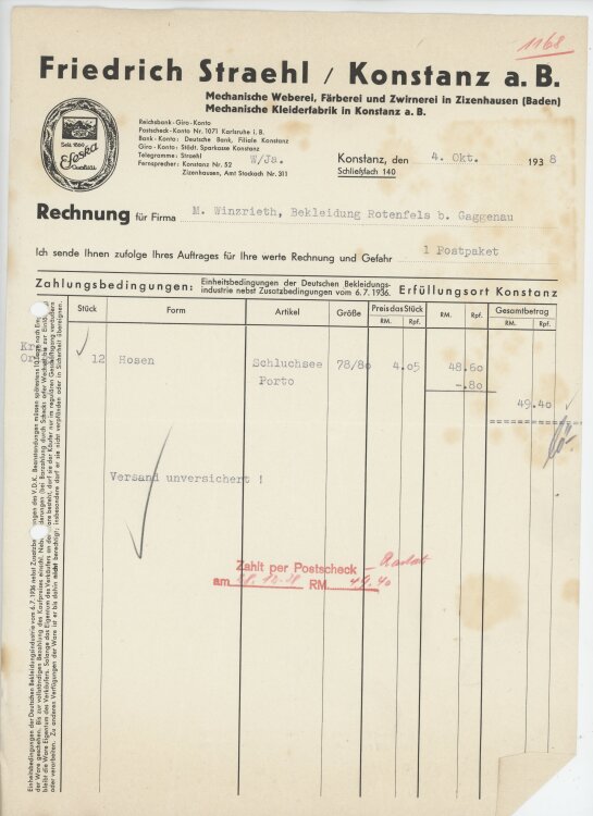 Firma M. Winzrieth (Kaufhaus)an Friedrich Straehl- Rechnung - 04.10.1938