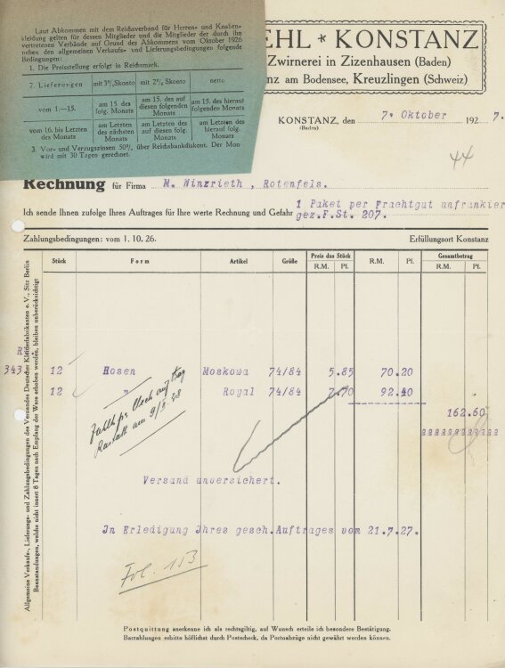 Firma M. Winzrieth (Kaufhaus)an Friedrich Straehl- Rechnung - 07.10.1927