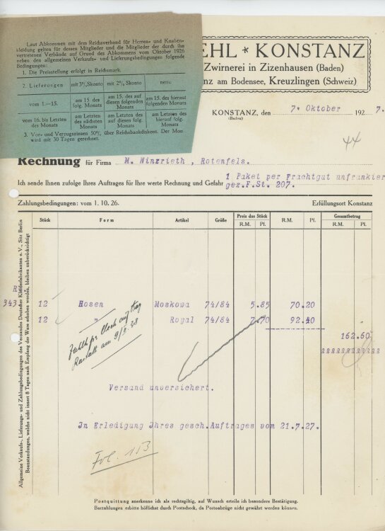 Firma M. Winzrieth (Kaufhaus)an Friedrich Straehl- Rechnung - 07.10.1927