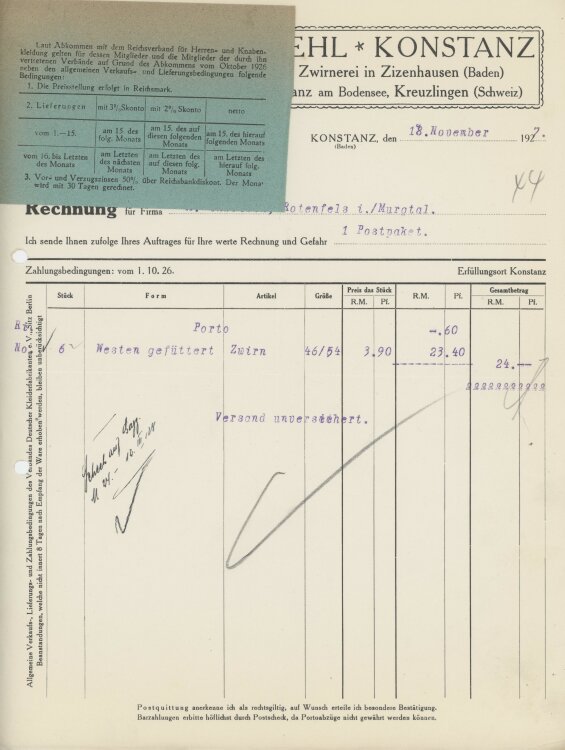 Firma M. Winzrieth (Kaufhaus)an Friedrich Straehl- Rechnung - 18.11.1927