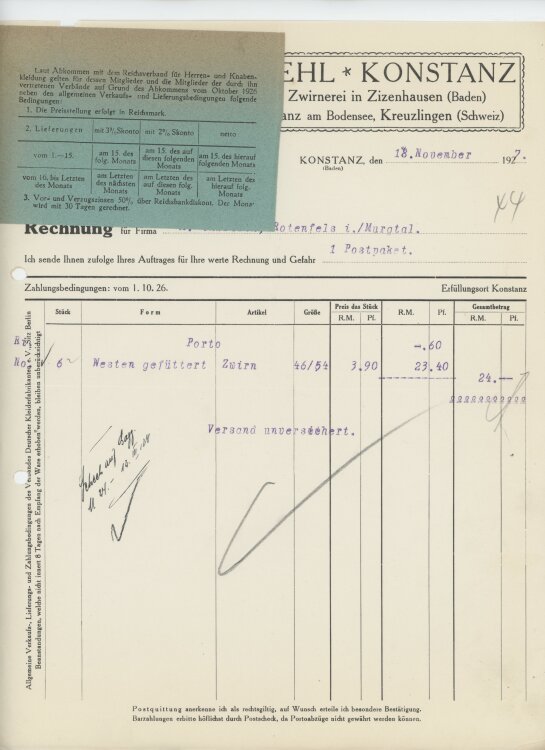 Firma M. Winzrieth (Kaufhaus)an Friedrich Straehl- Rechnung - 18.11.1927