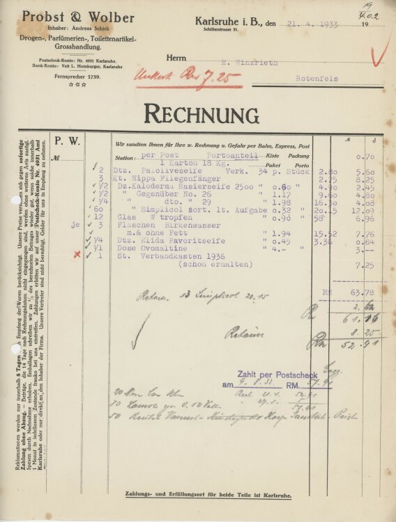 Firma M. Winzrieth (Kaufhaus)an Probst & Wolber Großhandlung- Rechnung - 21.04.1933