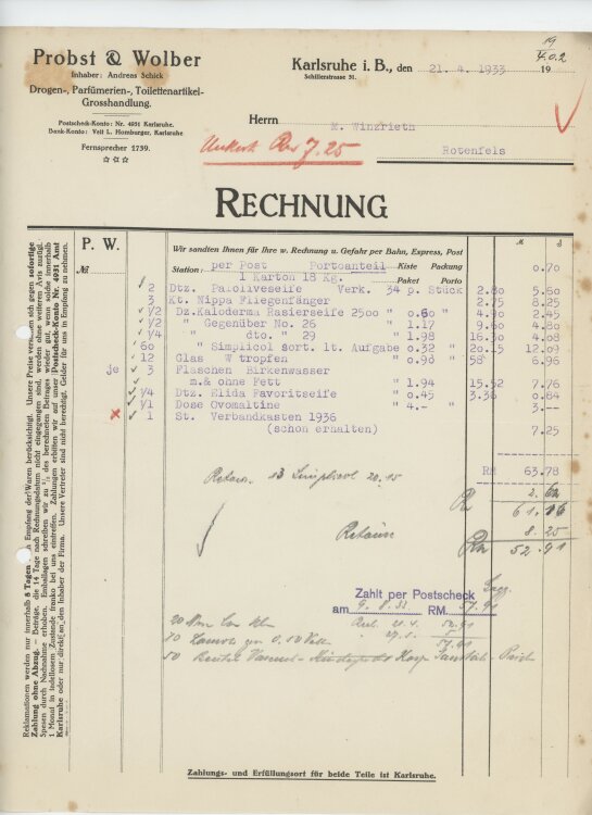 Firma M. Winzrieth (Kaufhaus)an Probst & Wolber Großhandlung- Rechnung - 21.04.1933