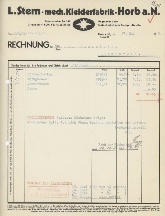 Firma M. Winzrieth (Kaufhaus)an L. Stern mechanische...