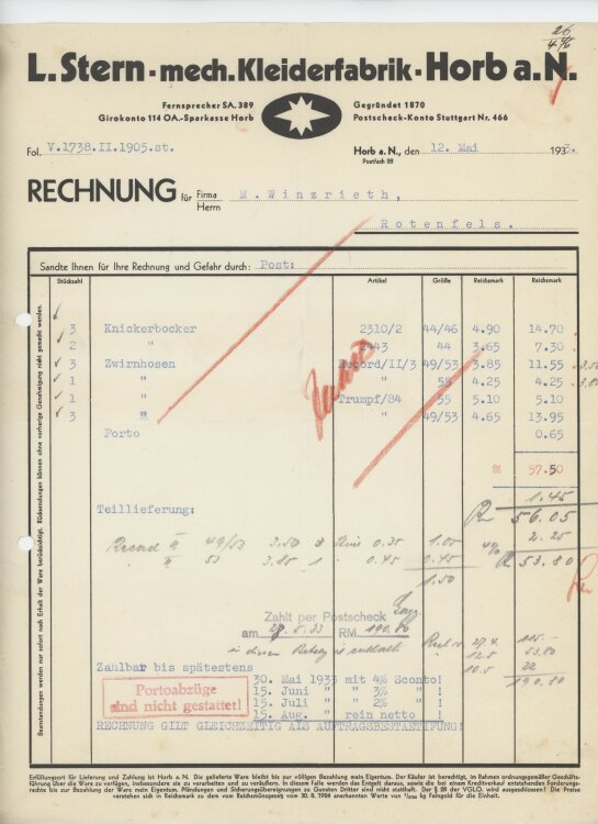 Firma M. Winzrieth (Kaufhaus)an L. Stern mechanische Kleiderfabrik- Rechnung - 12.05.1933