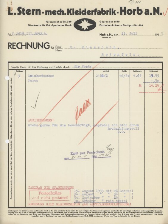 Firma M. Winzrieth (Kaufhaus)an L. Stern mechanische Kleiderfabrik- Rechnung - 21.07.1933