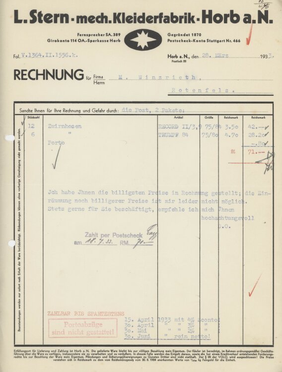 Firma M. Winzrieth (Kaufhaus)an L. Stern mechanische Kleiderfabrik- Rechnung - 28.03.1933