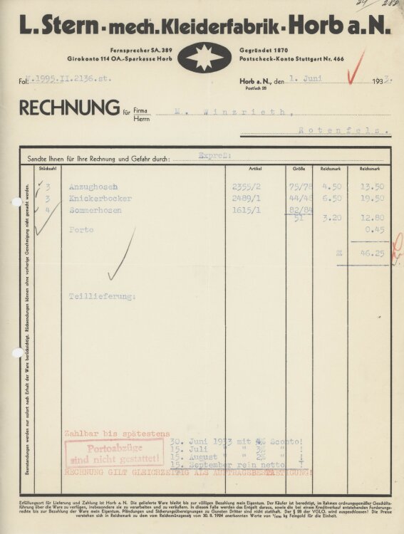 Firma M. Winzrieth (Kaufhaus)an L. Stern mechanische Kleiderfabrik- Rechnung - 01.06.1933