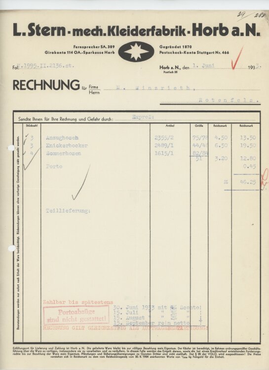 Firma M. Winzrieth (Kaufhaus)an L. Stern mechanische Kleiderfabrik- Rechnung - 01.06.1933