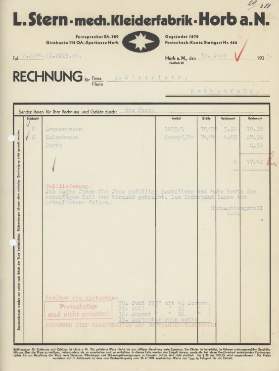 Firma M. Winzrieth (Kaufhaus)an L. Stern mechanische Kleiderfabrik- Rechnung - 12.06.1933