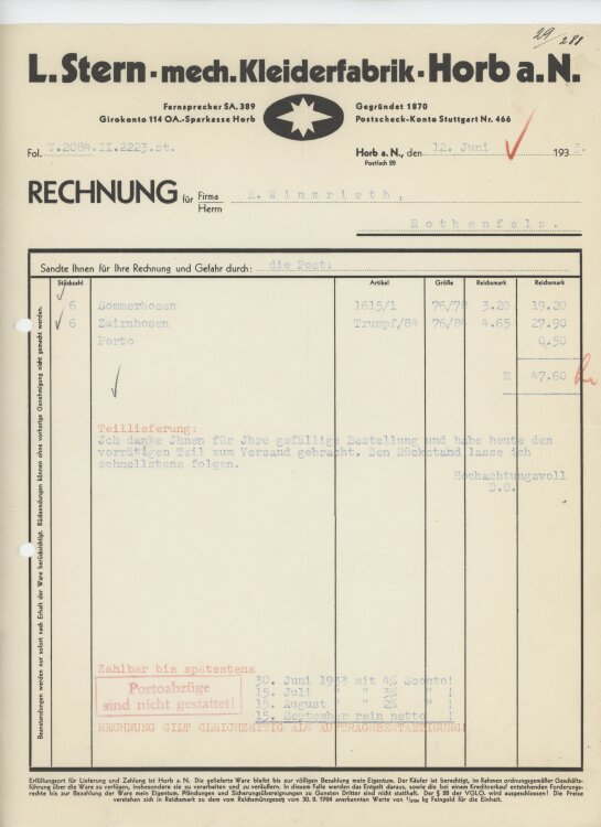 Firma M. Winzrieth (Kaufhaus)an L. Stern mechanische Kleiderfabrik- Rechnung - 12.06.1933