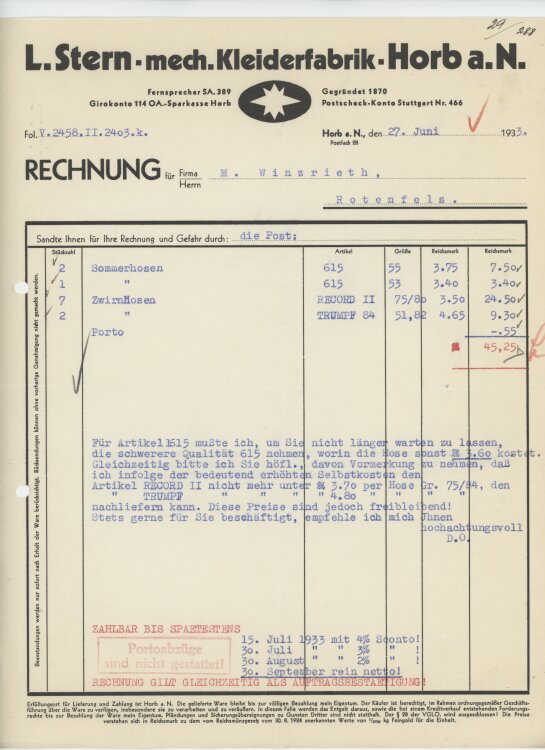 Firma M. Winzrieth (Kaufhaus)an L. Stern mechanische Kleiderfabrik- Rechnung - 27.06.1933