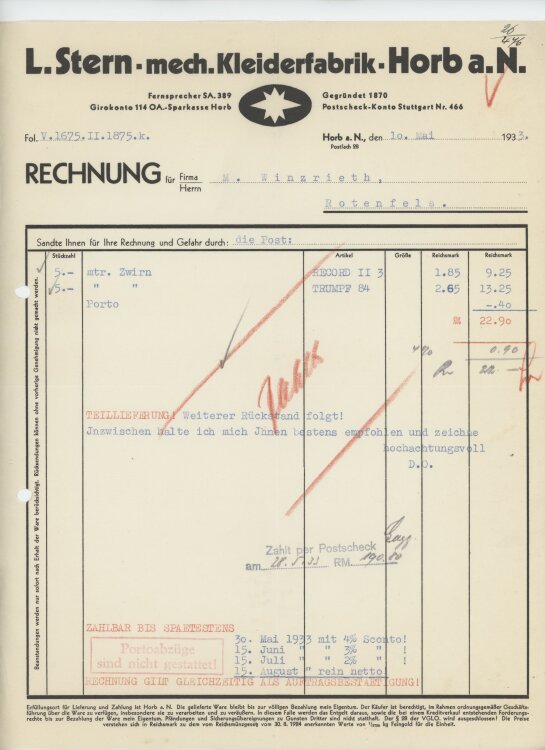 Firma M. Winzrieth (Kaufhaus)an L. Stern mechanische Kleiderfabrik- Rechnung - 10.05.1933