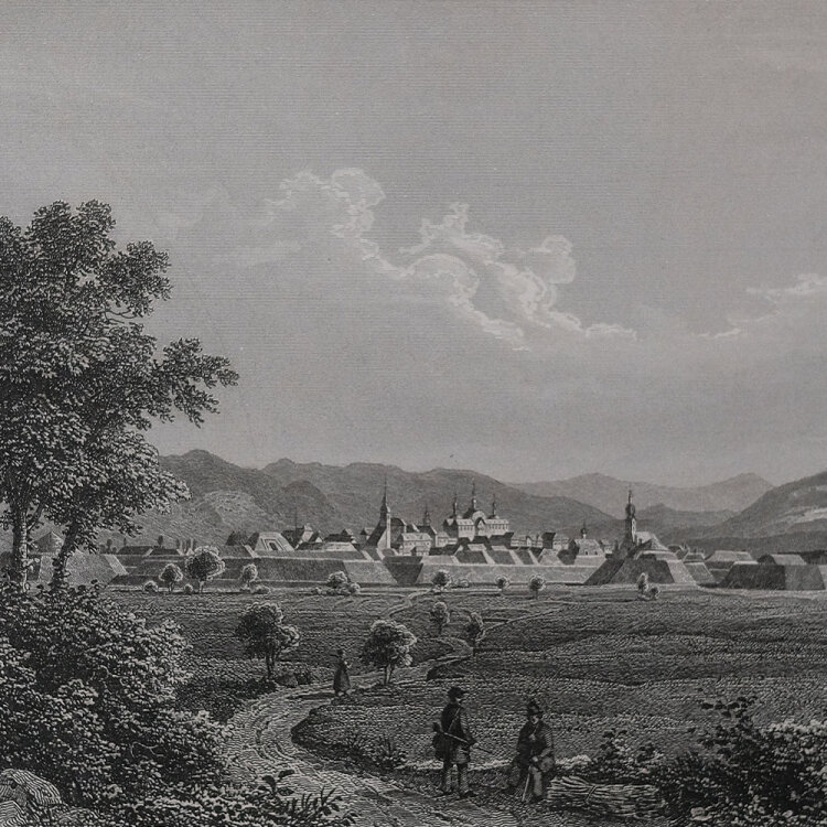 J. Umbach - Panoramaansicht von Rastadt (Rastatt) - o.J. - Stahlstich