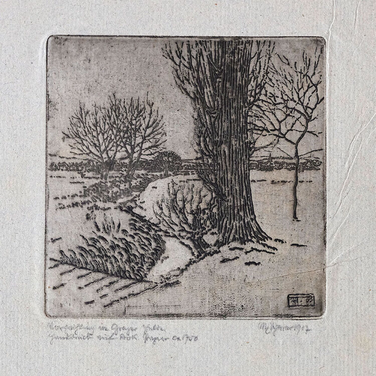 Max von Scherer - Vorfrühling im Grazer Felde - 1917 - Radierung mit Plattenton auf grauem, gerippten Papier mit angeschnittenem Wasserzeichen