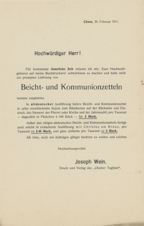 Chamer Tagblatt - Werbung - 1911