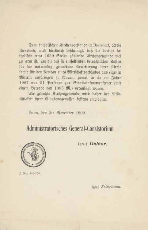 Administratorische General-Consistorium - Spendenaufruf - 1909