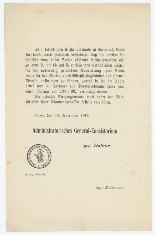 Administratorische General-Consistorium - Spendenaufruf - 1909