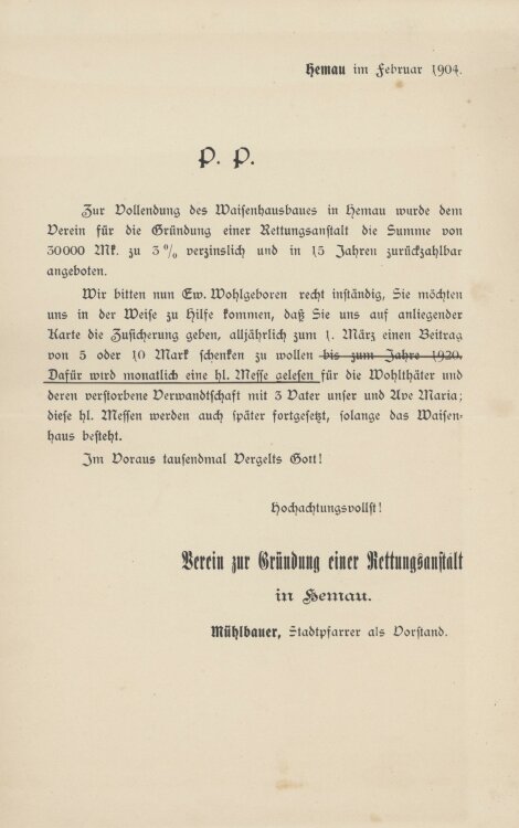 Verein zur Gründung einer Rettungsanstalt - Spendenaufruf - 1904