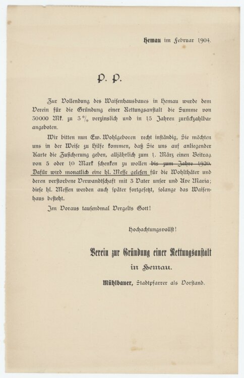 Verein zur Gründung einer Rettungsanstalt - Spendenaufruf - 1904