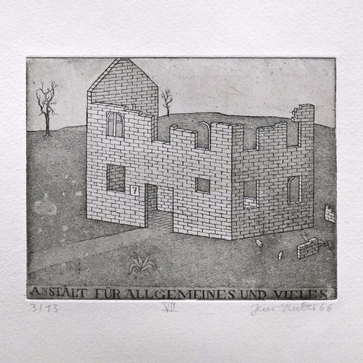 Jan Huber - Anstalt für Allgemeines und Vieles - 1966 - Radierung mit Aquatinta auf Bütten mit kleinem Blindstempel