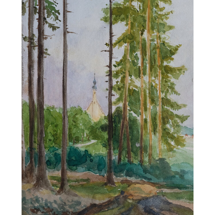 unbekannt - Waldlandschaft mit Kirche - 1899 - Aquarell