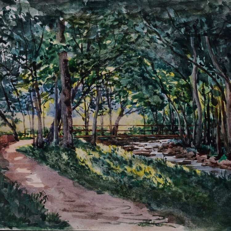 Unbekannt - Anger: Waldweg mit Bach - 1890 - Aquarell