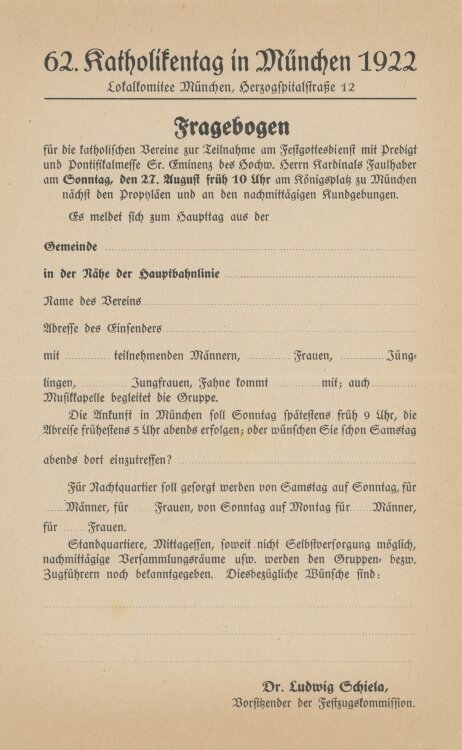 62. Katholikentag - Fragebogen - 1922