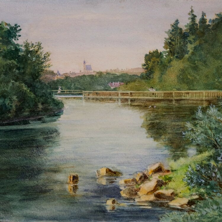 Unbekannt - Flusslandschaft mit Brücke - o. J. - Aquarell