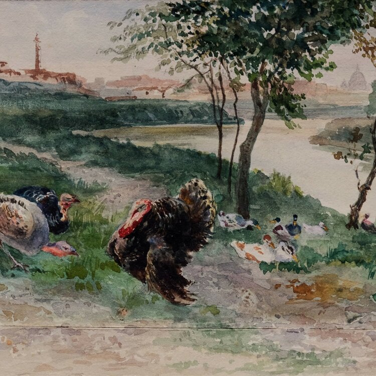 Unbekannt - Arno-Ufer mit Vögeln - o. J. - Aquarell