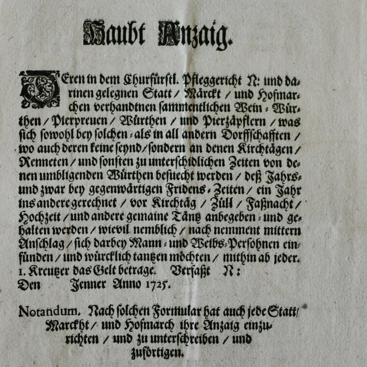 Kurfürstliches Pfleggericht - Anzeige - Januar 1725